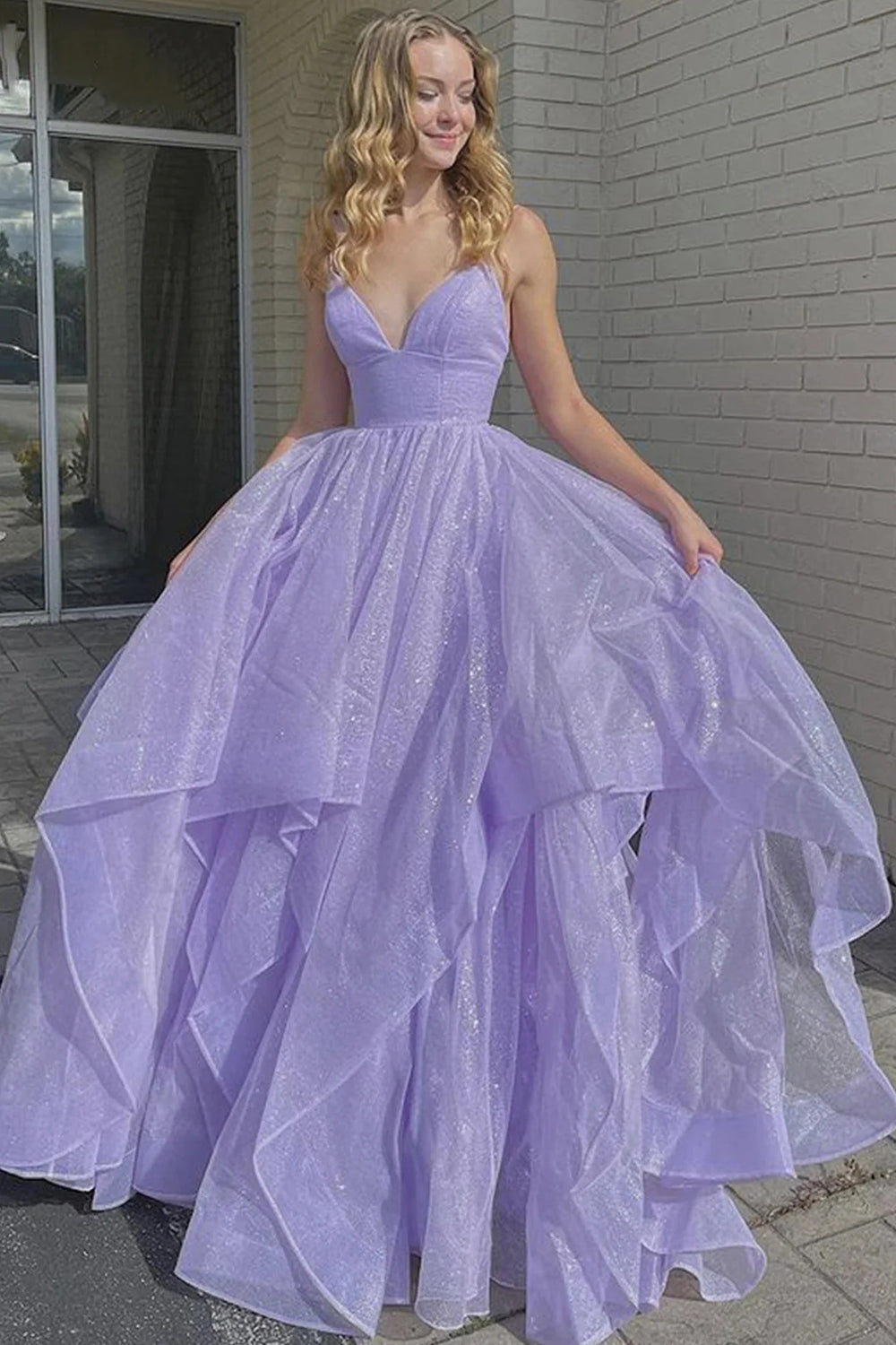 Roycebridal Lupe |A Line Spaghetti Straps Long Prom Dress with Ruffles