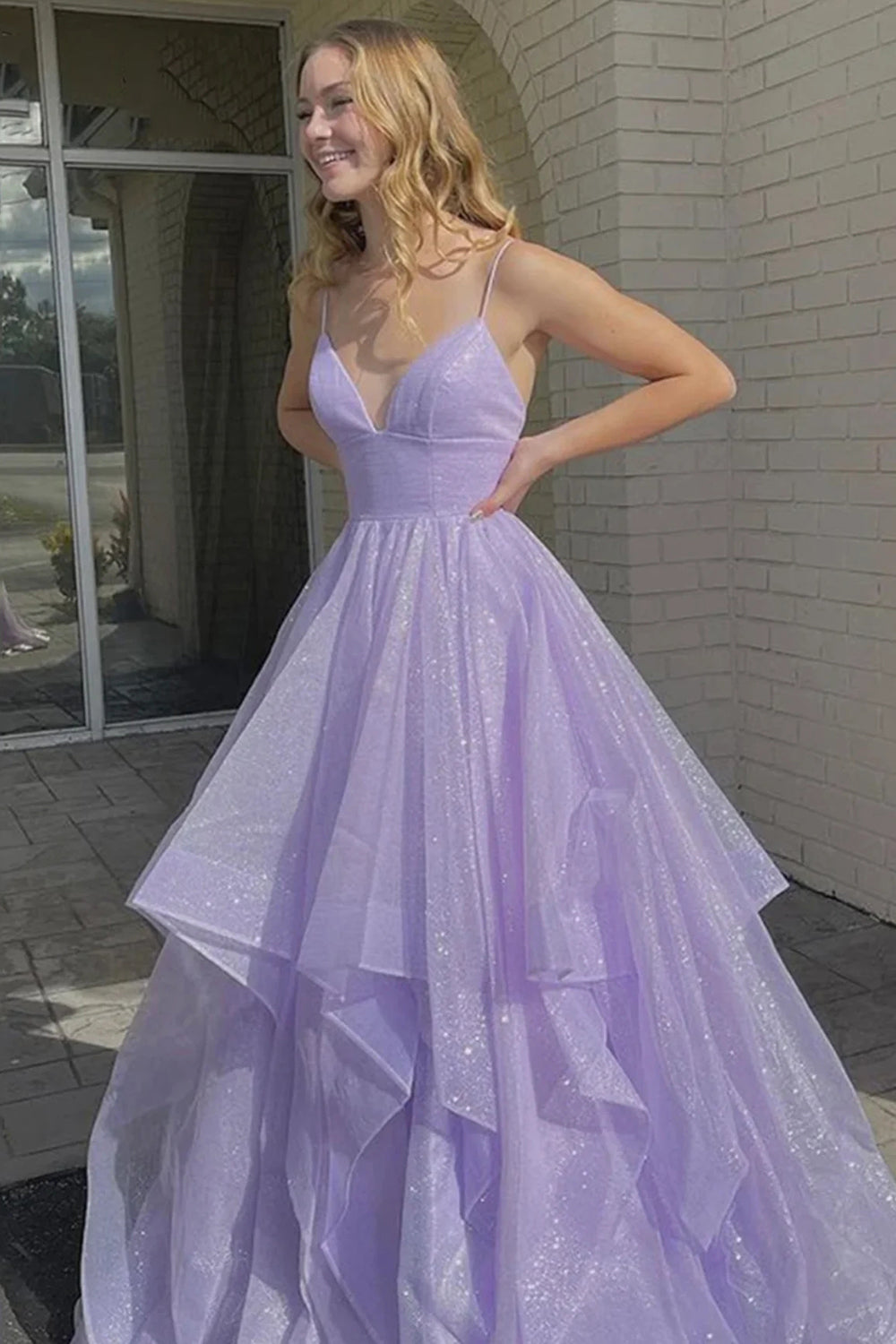 Roycebridal Lupe |A Line Spaghetti Straps Long Prom Dress with Ruffles