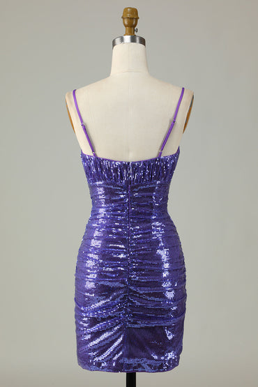 Sparkly Purple Sequins Spaghetti Straps Tight Short Homecoming Dress