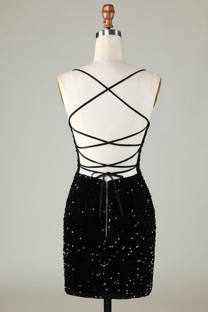 Sexy Black Sheath Spaghetti Straps Criss Cross Back Homecoming Dress With Sequins