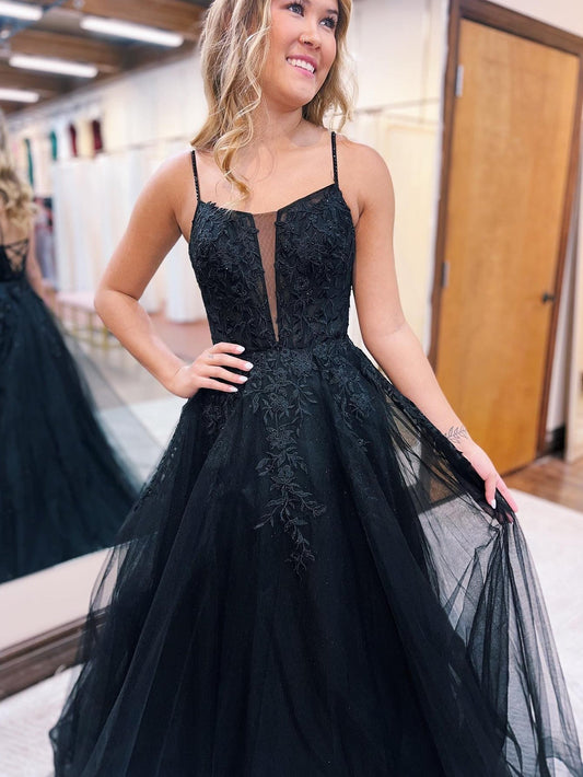 Roycebridal Tatum | Black Tulle Spaghetti Straps A Line Prom Dress with Appliques