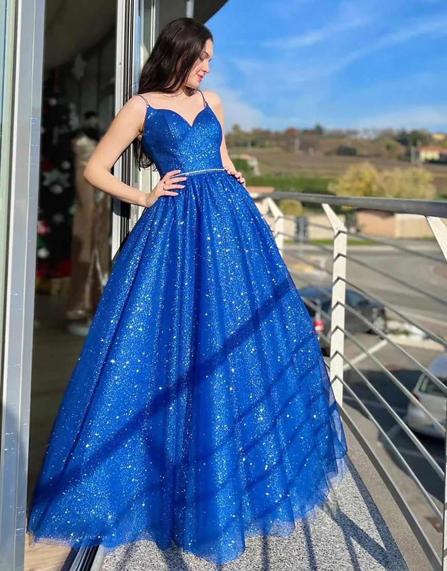 Roycebridal Tracy | Royal Blue Sparkly A Line Spaghetti Straps Long Prom Dress