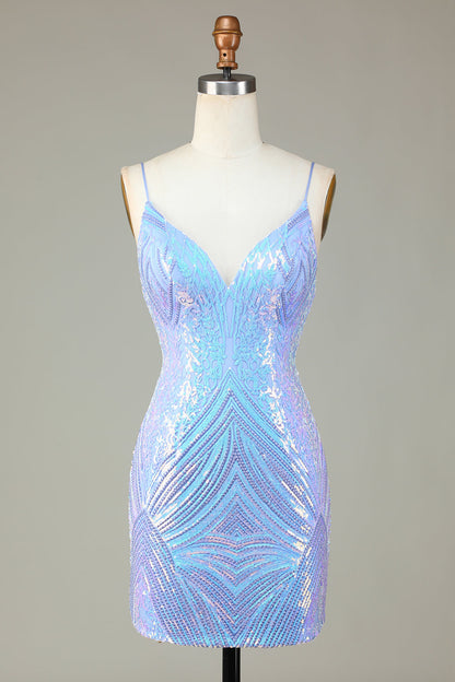 Sparkly Blue Sheath Spaghetti Straps Backless Sequins Short Homecoming Dress