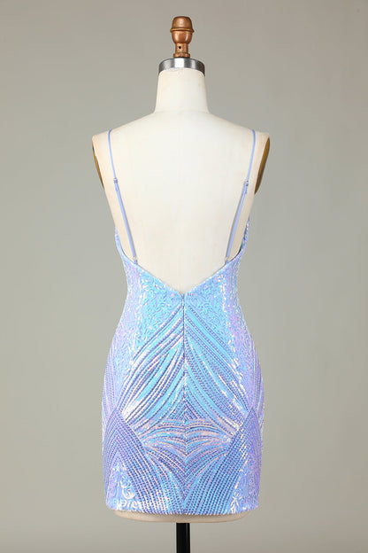 Sparkly Blue Sheath Spaghetti Straps Backless Sequins Short Homecoming Dress