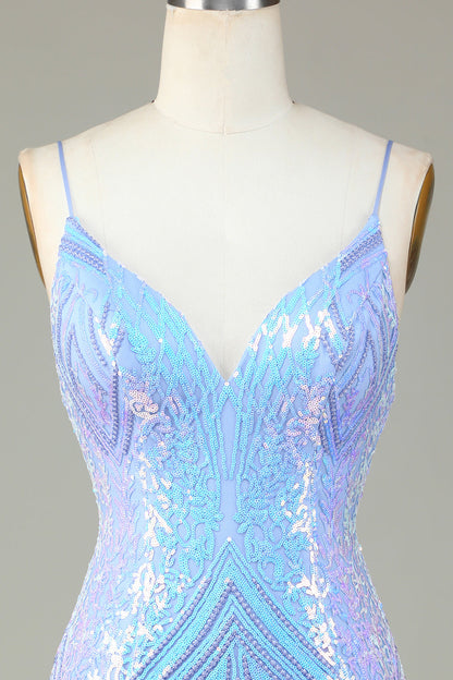 Sparkly Blue Sheath Spaghetti Straps Backless Sequins Short Homecoming Dress