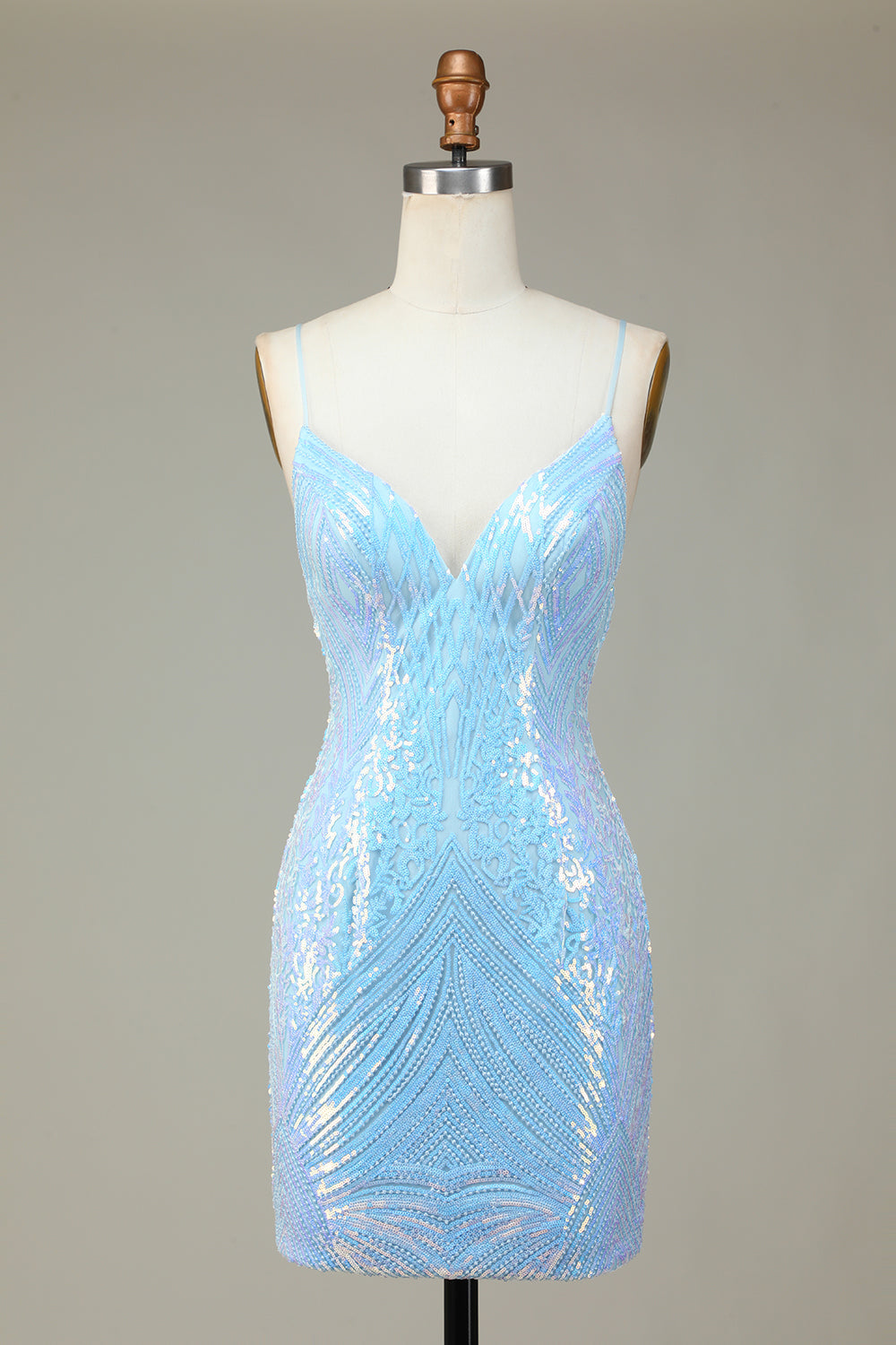 Sparkly Blue Sheath Spaghetti Straps Backless Sequins Short Homecoming Dress