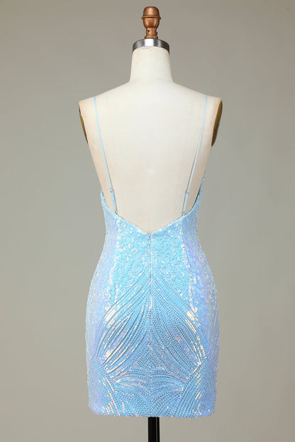 Sparkly Blue Sheath Spaghetti Straps Backless Sequins Short Homecoming Dress