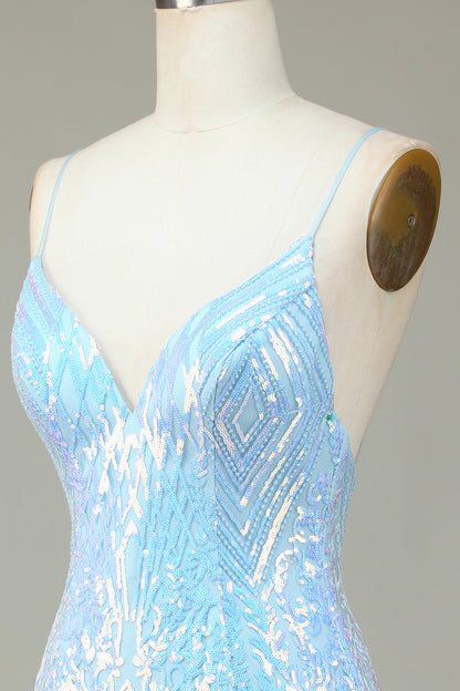 Sparkly Blue Sheath Spaghetti Straps Backless Sequins Short Homecoming Dress