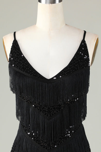 Sparkly Black Sequins Beaded Tight Short Homecoming Dress with Fringes