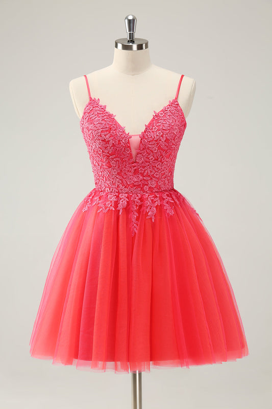 Cute Hot Pink A Line Spaghetti Straps Sequin Short Homecoming Dress with Appliques