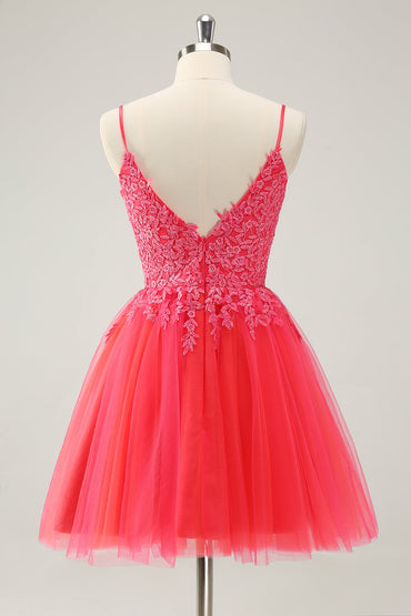 Cute Hot Pink A Line Spaghetti Straps Sequin Short Homecoming Dress with Appliques