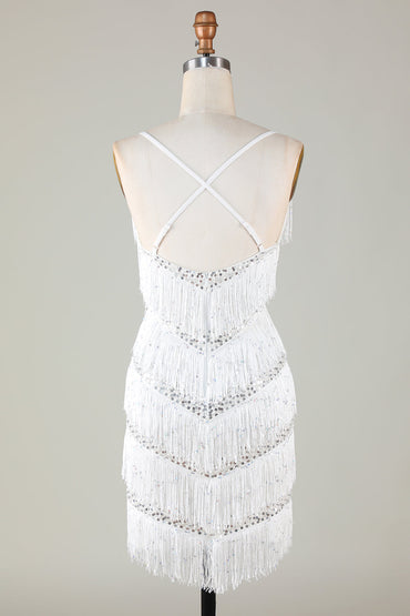 White Bodycon Spaghetti Straps Cross Back Tassel Homecoming Dress with Sequins