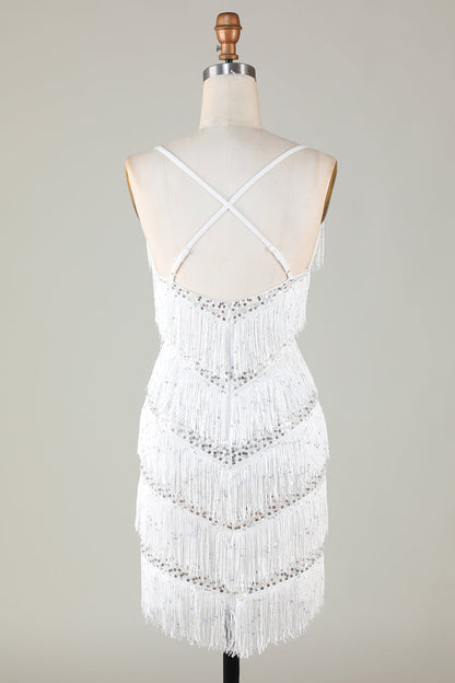 White Bodycon Spaghetti Straps Cross Back Tassel Homecoming Dress with Sequins