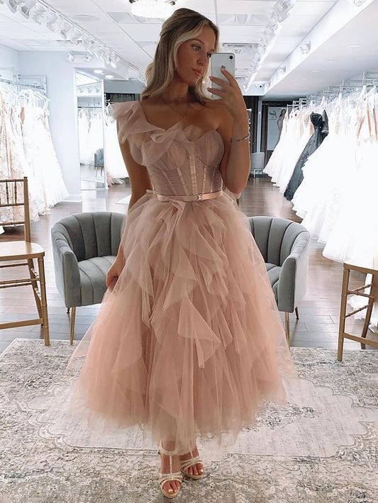 Roycebridal Addie | One Shoulder Blush Tulle A Line Long Prom Dress