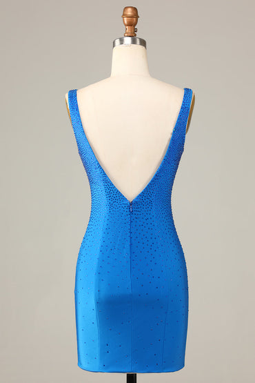 Blue Sheath Deep V Neck Short Homecoming Dress with Beading