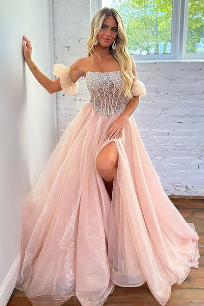 Roycebridal Brianna |A Line Strapless Blush Corset Organza Prom Dress