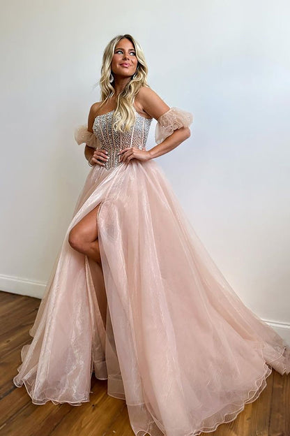 Roycebridal Brianna |A Line Strapless Blush Corset Organza Prom Dress