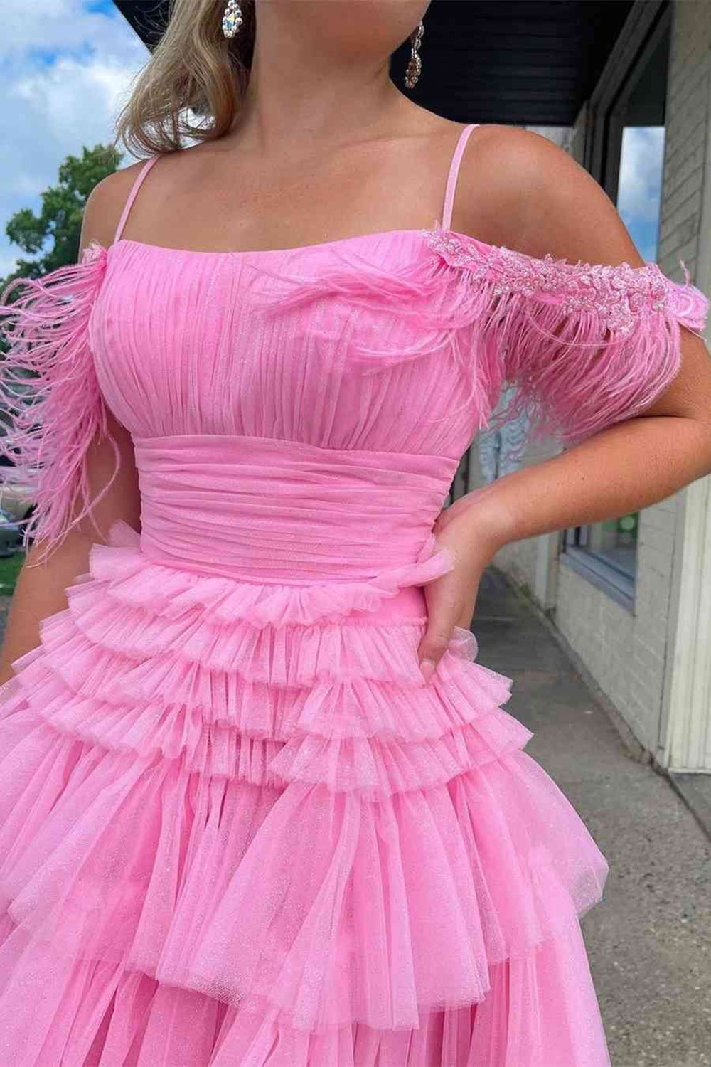 Thea |A Line Pink Glitter Tulle Homecoming Dress with Feather