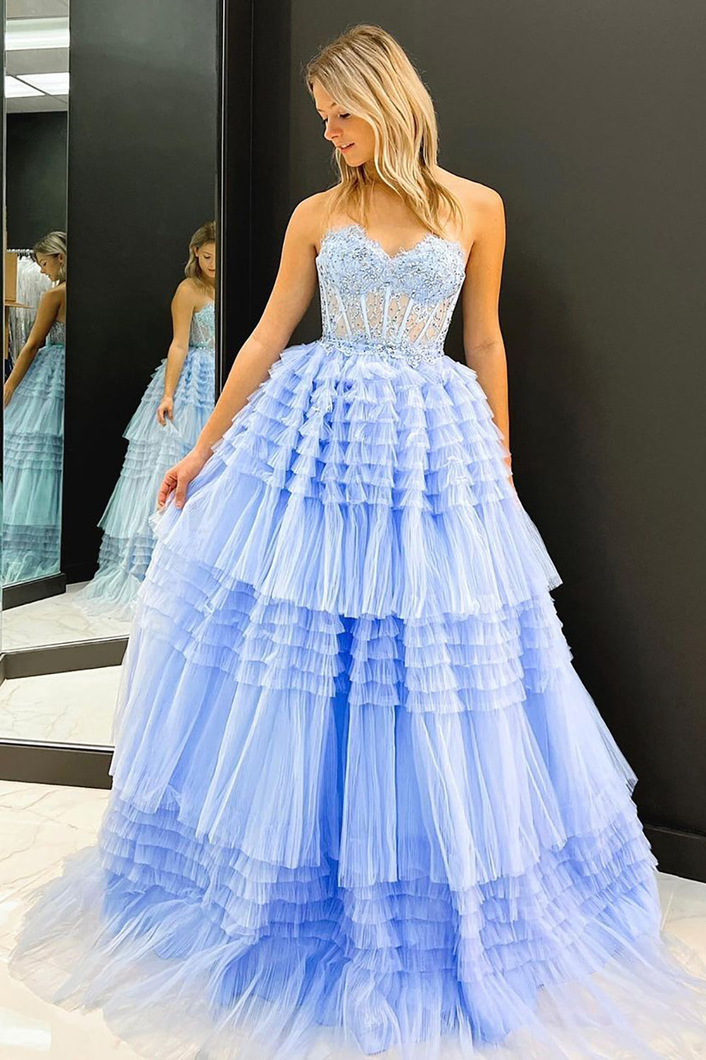 Roycebridal Gracie | A Line Sweetheart Tulle Long Prom Dress with Ruffles