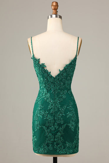 Dark Green Sheath Spaghetti Straps Beaded Short Homecoming Dress with Appliques