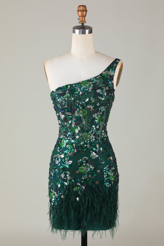 Dark Green Sheath One Shoulder Sequins Short Homecoming Dress with Feather