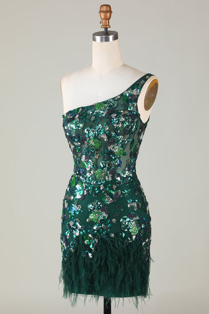 Dark Green Sheath One Shoulder Sequins Short Homecoming Dress with Feather