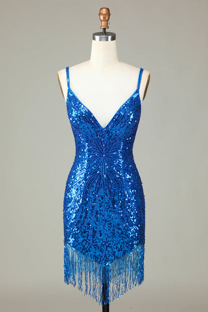 Sparkly Peacock Blue Bodycon Lace-Up Back Short Homecoming Dress with Beading