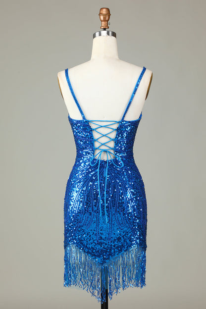 Sparkly Blue Bodycon Lace-Up Back Beaded Short Homecoming Dress with Tassel