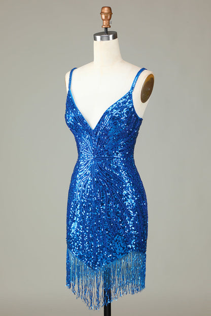 Sparkly Peacock Blue Bodycon Lace-Up Back Short Homecoming Dress with Beading