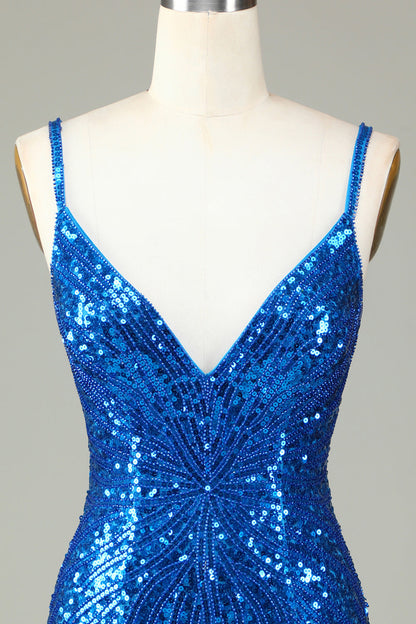 Sparkly Blue Bodycon Lace-Up Back Beaded Short Homecoming Dress with Tassel