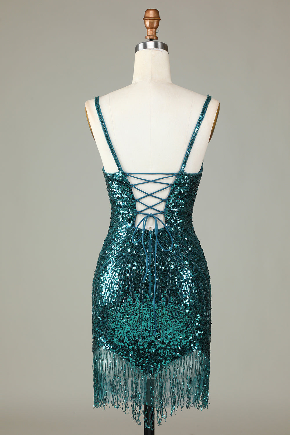 Sparkly Peacock Blue Bodycon Lace-Up Back Short Homecoming Dress with Beading