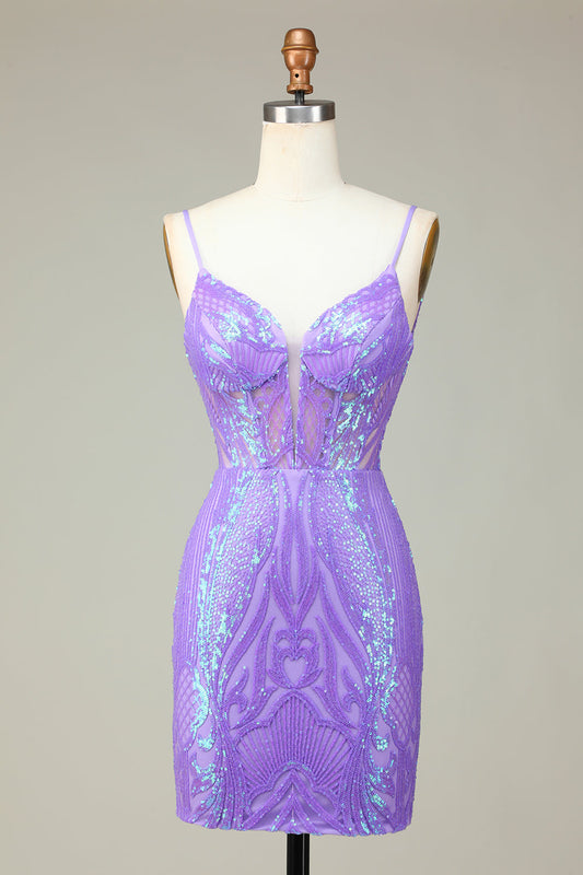 Stylish Lilac Bodycon Sequins Corset Homecoming Dress with Criss Cross Back