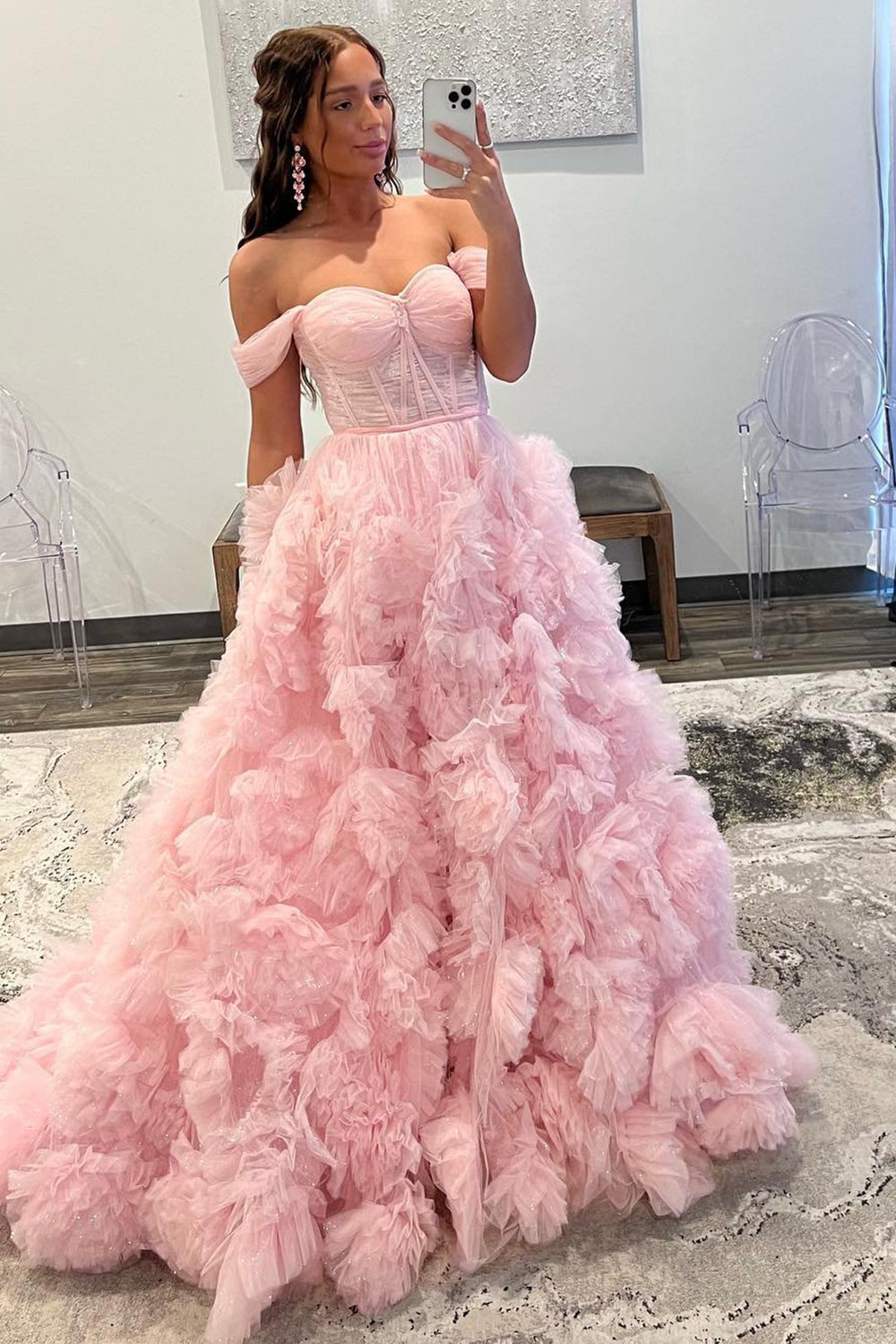 Roycebridal Kenia |A Line Off the Shoulder Ruffled Tulle Prom Dress with Slit