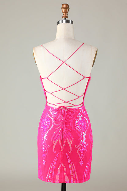 Trend Hot Pink Lace Up Tight Glitter Short Homecoming Dress