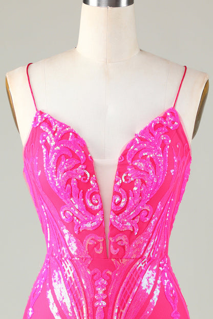 Trend Hot Pink Lace Up Tight Glitter Short Homecoming Dress