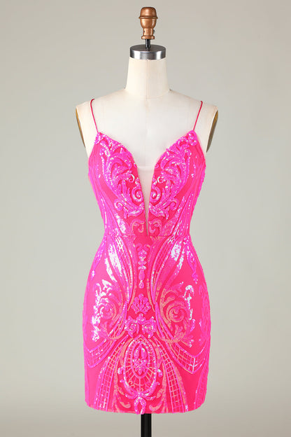 Trend Hot Pink Lace Up Tight Glitter Short Homecoming Dress