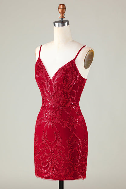 Sparkly Dark Red Sequins Spaghetti Straps Tight Short Homecoming Dress