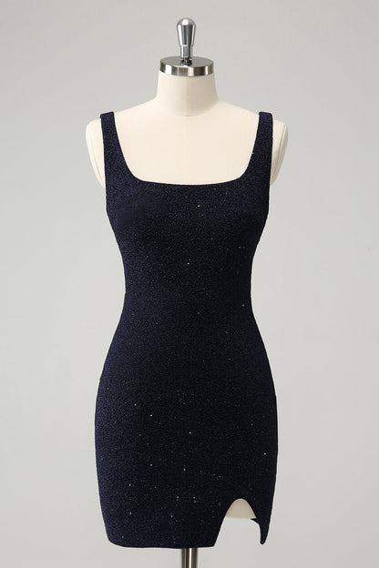 Sparkly Dark Blue Bodycon Square Neck Short Homecoming Dress with Slit