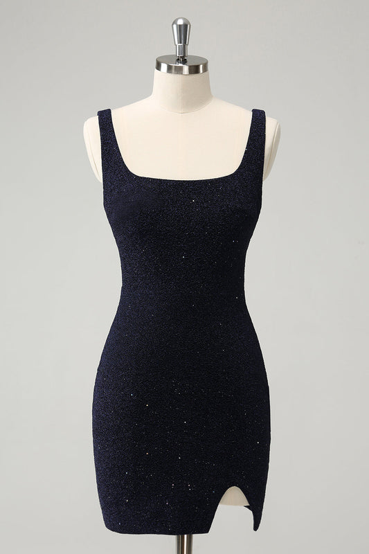 Chic Dark Blue Bodycon Square Neck Short Homecoming Dress with Slit