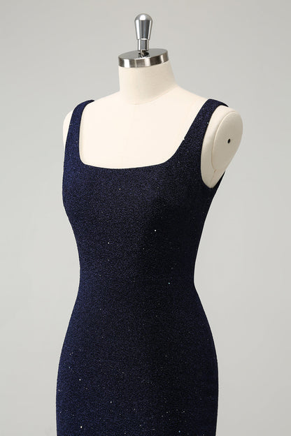 Chic Dark Blue Bodycon Square Neck Short Homecoming Dress with Slit