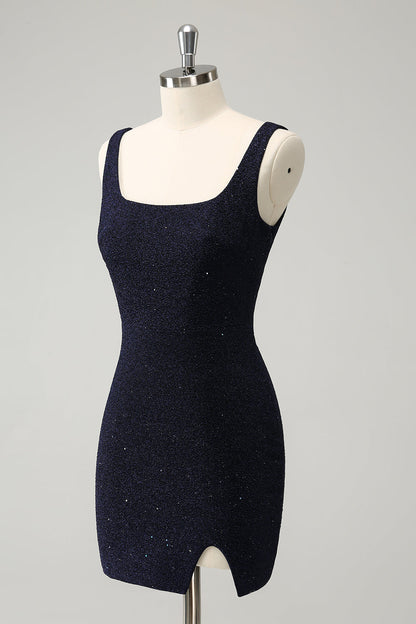 Chic Dark Blue Bodycon Square Neck Short Homecoming Dress with Slit