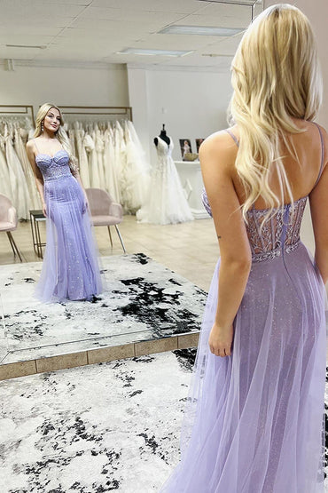 Roycebridal Karsyn | Mermaid Spaghetti Straps Purple Corset Prom Dress with Slit