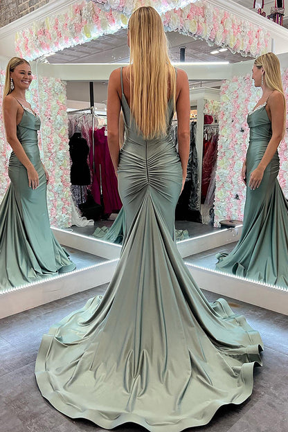 Roycebridal Jayleen | Mermaid Spaghetti Straps Green Long Prom Dress with Lace