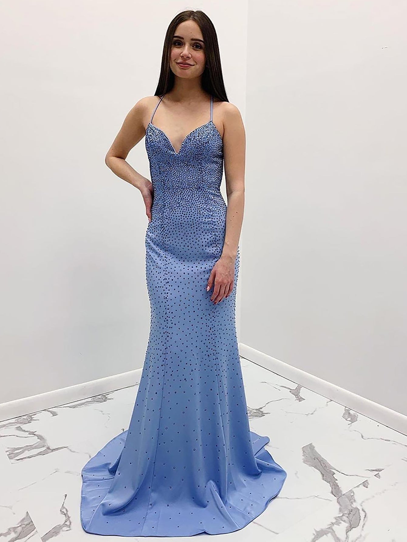 Roycebridal Avayah | Mermaid Blue V-Neck Long Prom Dress