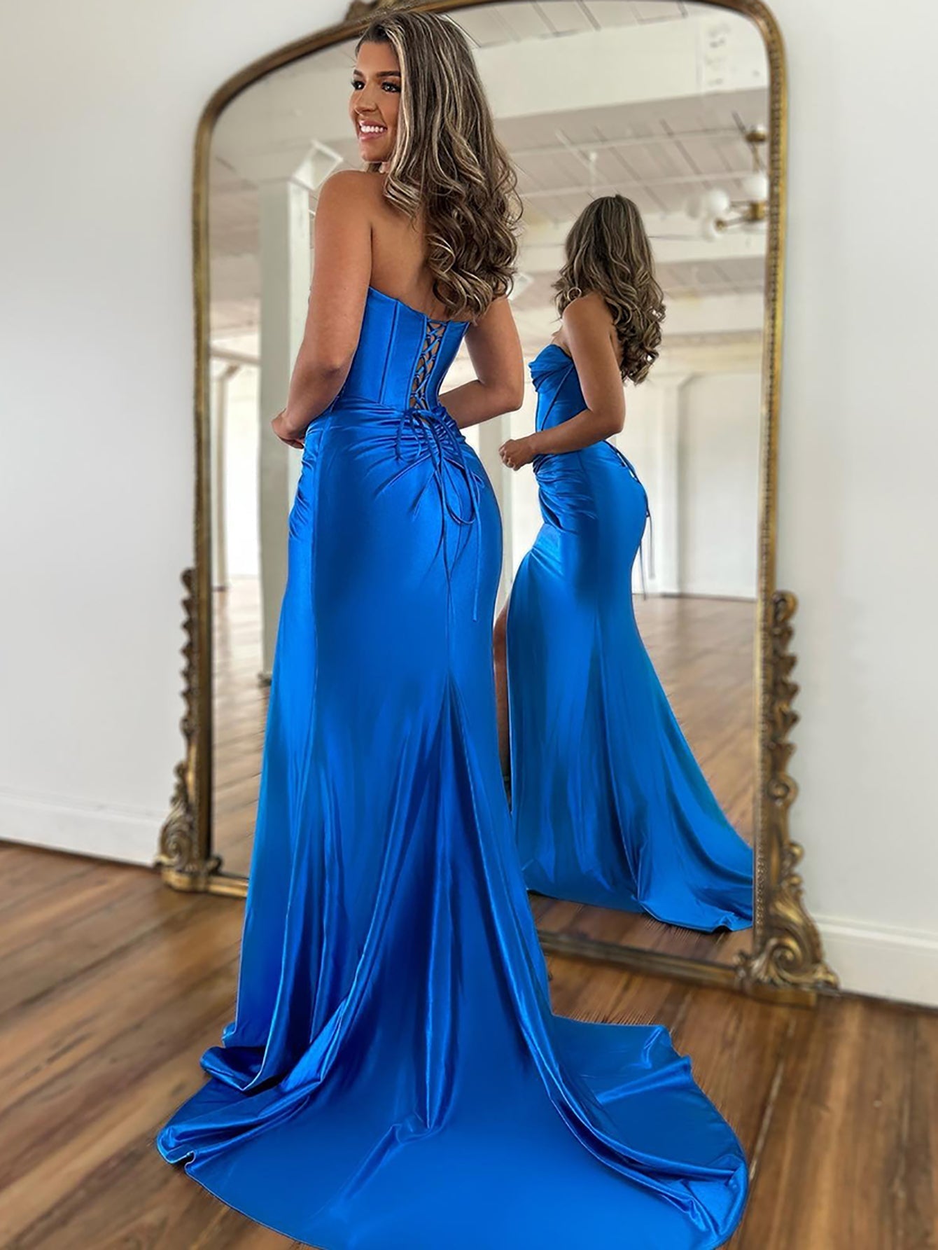 Roycebridal Nadia |Mermaid Strapless Satin Long Prom Dress With Slit