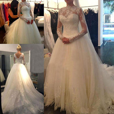 musebridals.com offer White Long Sleeve Cheap V-back A-line Lace Tulle Wedding Dresses, MW238