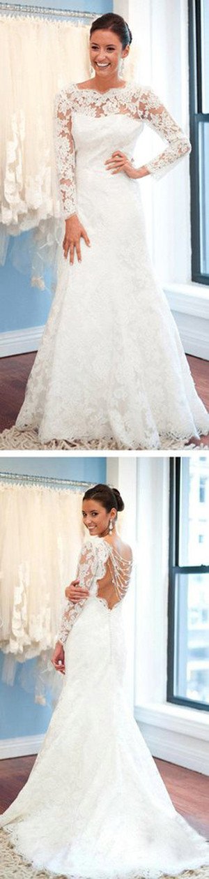 musebridals.com offer White Long Sleeve Lace Round Neck Backless Mermaid Wedding Dresses, MW242