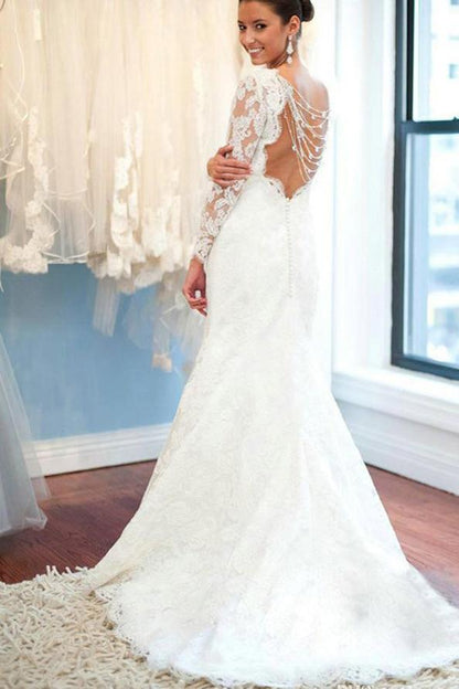 White Long Sleeve Lace Round Neck Backless Mermaid Wedding Dresses, MW242