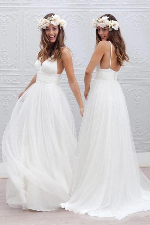 White Tulle V neck Spaghetti Straps Backless Simple Beach Wedding Dresses, MW188