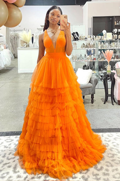 Roycebridal Reese |A-line Orange V-Neck Tulle Long Prom Dress